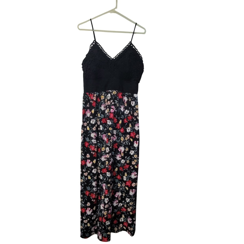 No Boundaries Womens Floral Crochet Bodice Maxi Dress Black XXL Smocked Boho